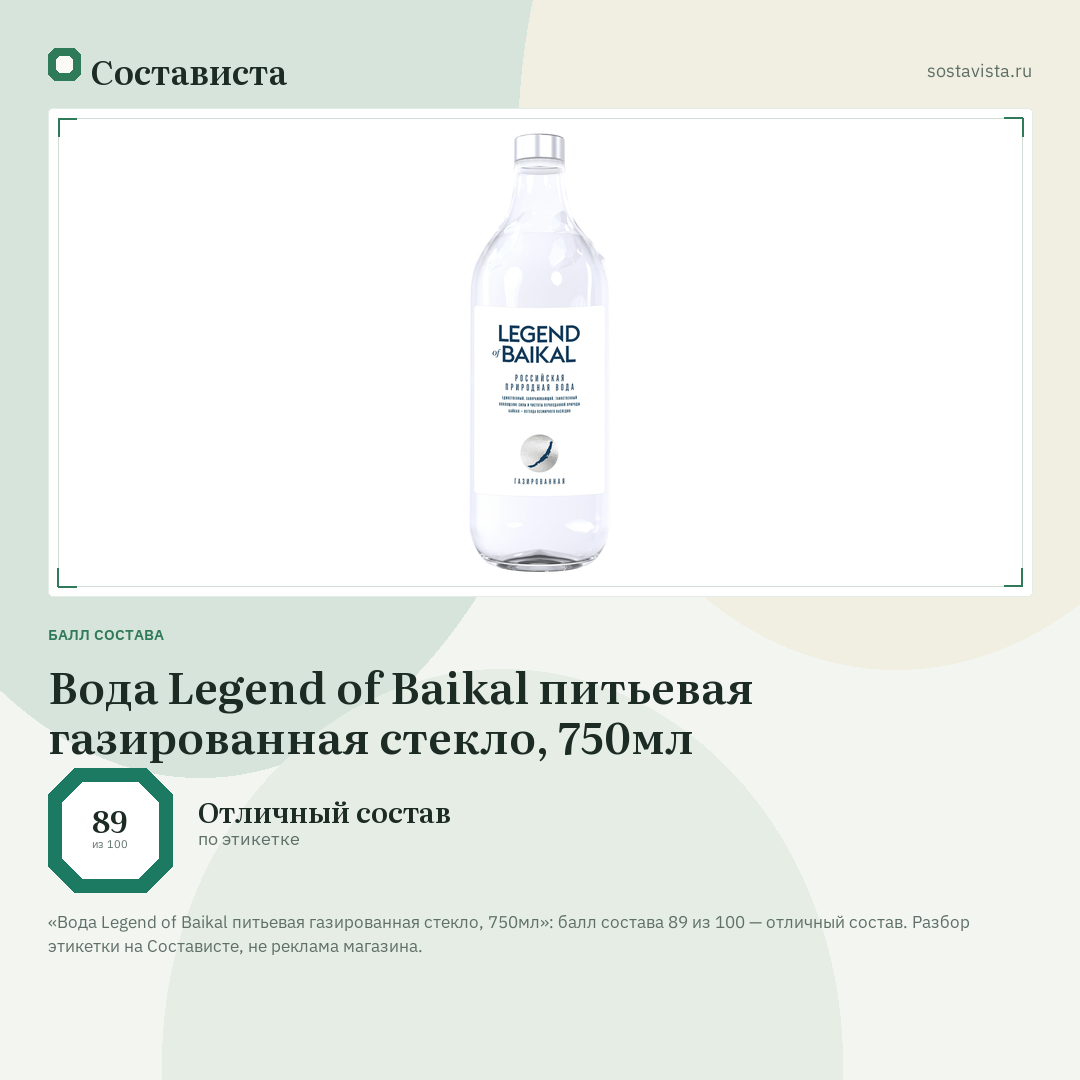 Вода Legend of Baikal питьевая газированная стекло, 750мл: балл состава 89 из 100 — Состависта