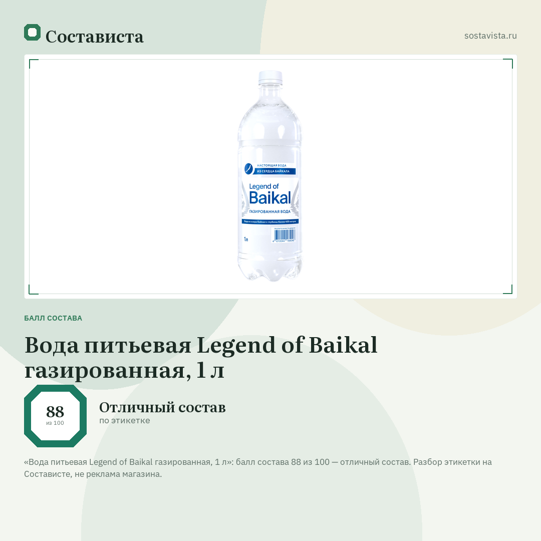 Вода питьевая Legend of Baikal газированная, 1 л: балл состава 88 из 100 — Состависта