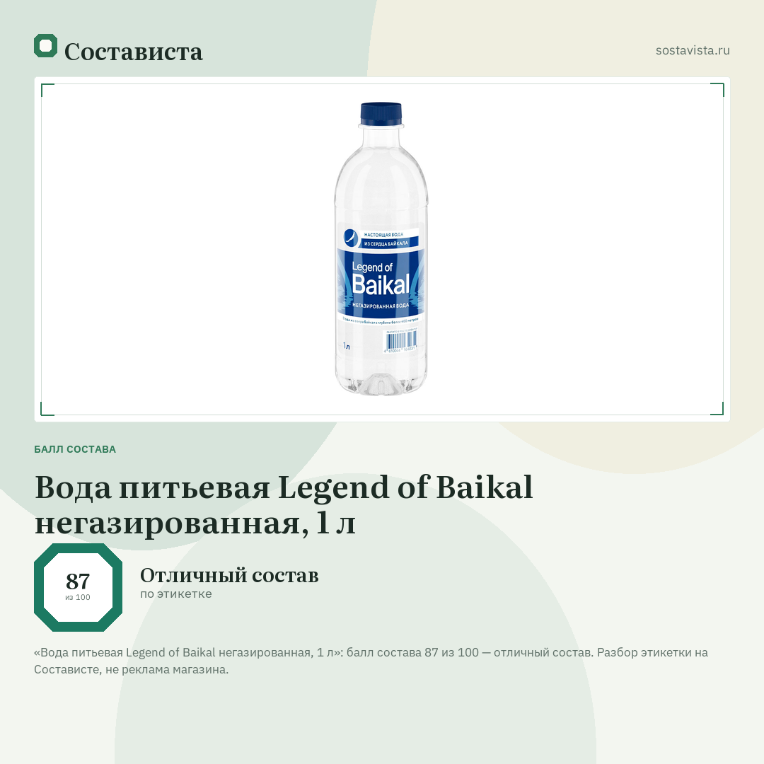 Вода питьевая Legend of Baikal негазированная, 1 л: балл состава 87 из 100 — Состависта