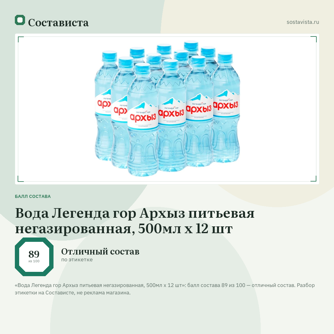 Вода Легенда гор Архыз питьевая негазированная, 500мл x 12 шт: балл состава 89 из 100 — Состависта