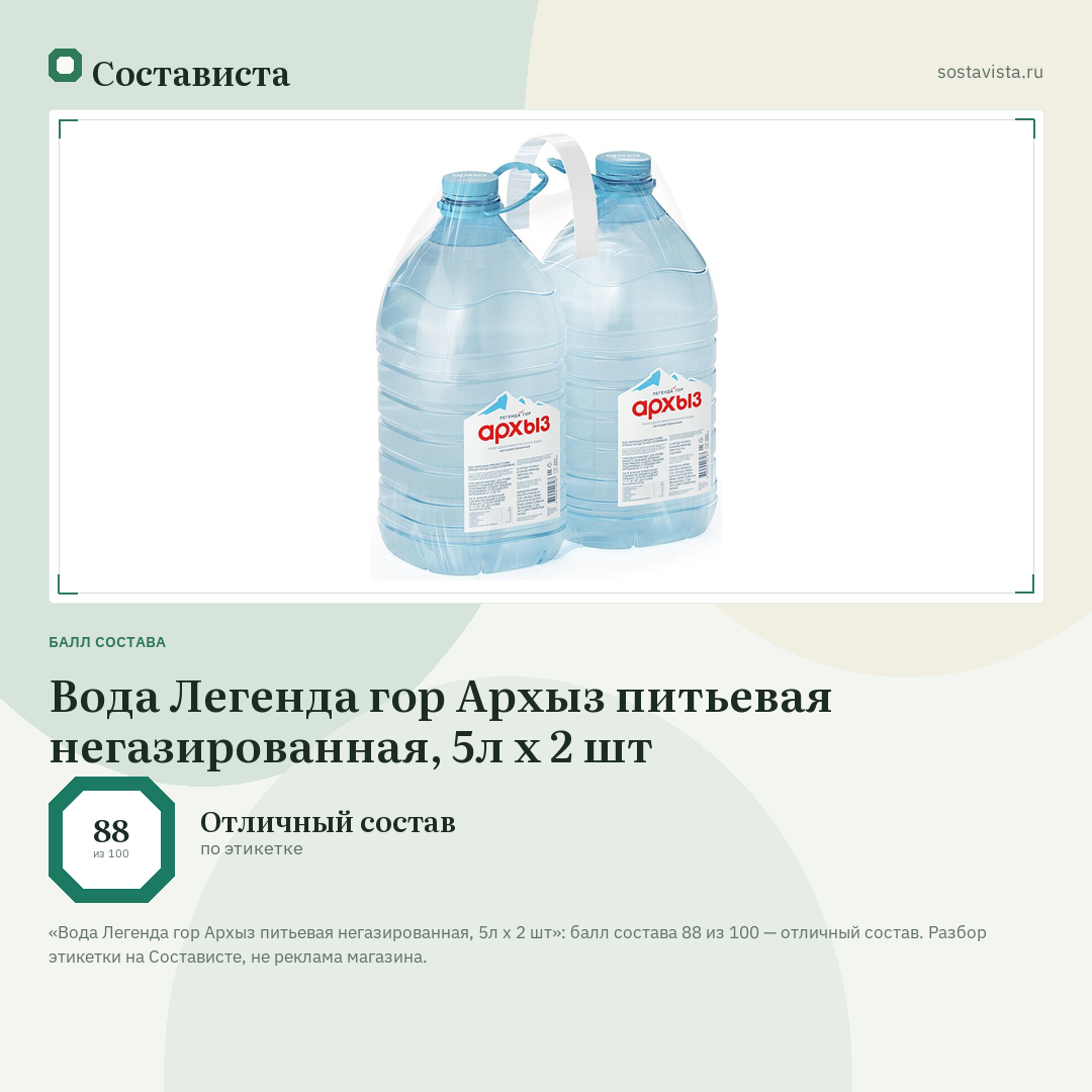 Вода Легенда гор Архыз питьевая негазированная, 5л x 2 шт: балл состава 88 из 100 — Состависта