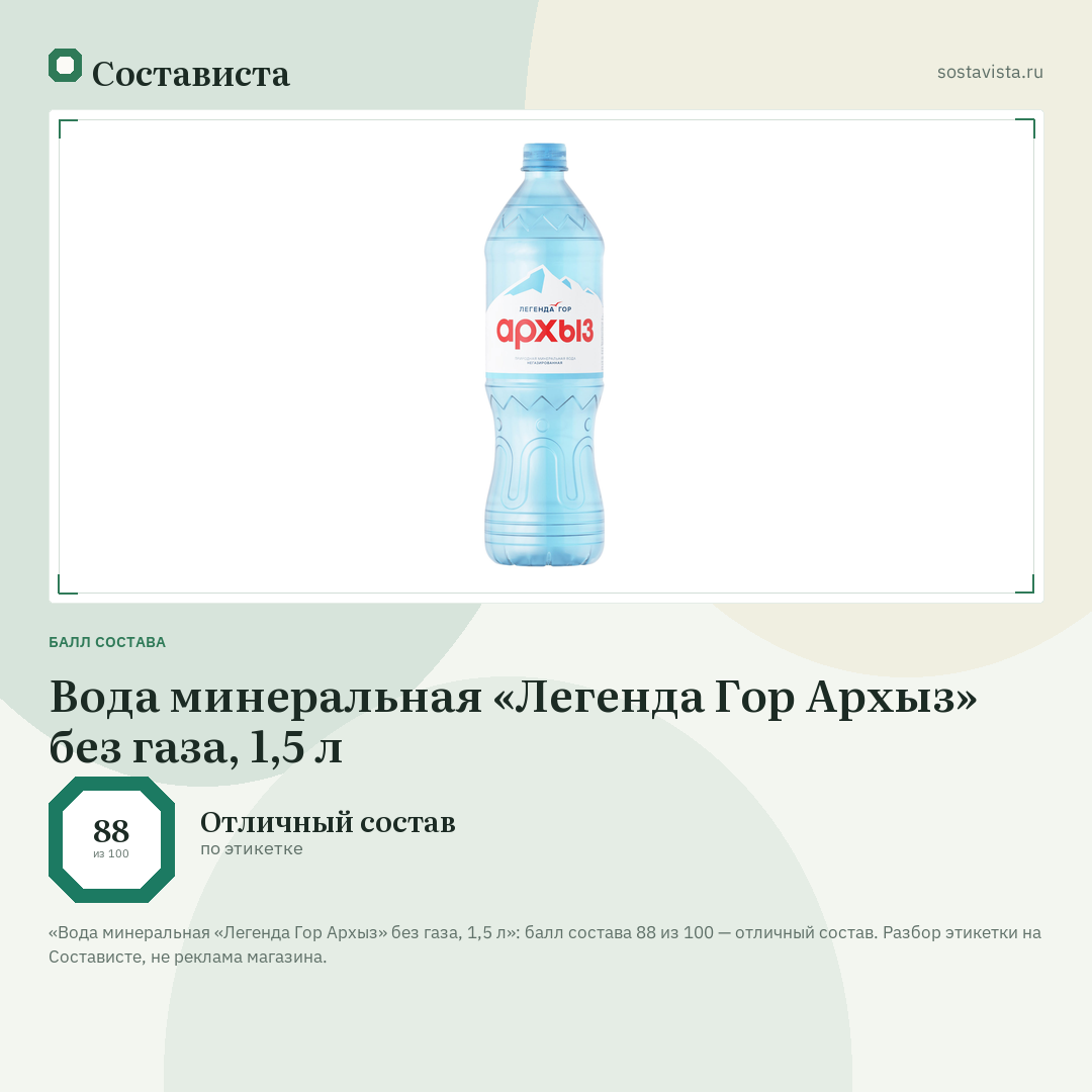 Вода минеральная «Легенда Гор Архыз» без газа, 1,5 л: балл состава 88 из 100 — Состависта