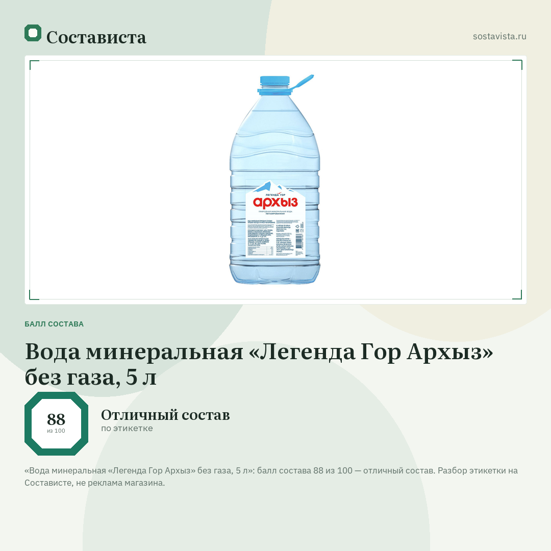 Вода минеральная «Легенда Гор Архыз» без газа, 5 л: балл состава 88 из 100 — Состависта