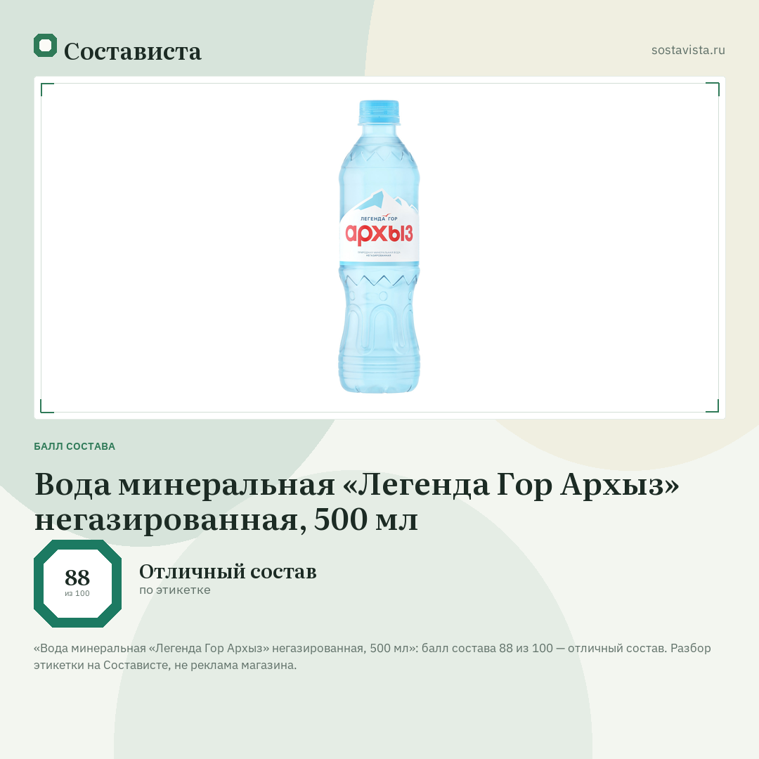 Вода минеральная «Легенда Гор Архыз» негазированная, 500 мл: балл состава 88 из 100 — Состависта