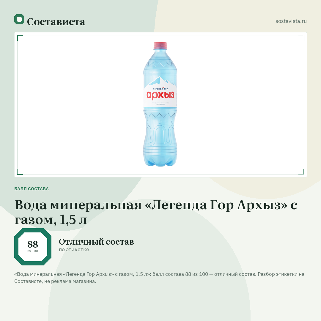 Вода минеральная «Легенда Гор Архыз» с газом, 1,5 л: балл состава 88 из 100 — Состависта