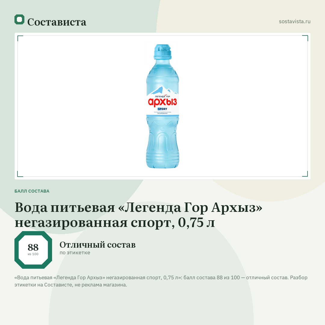 Вода питьевая «Легенда Гор Архыз» негазированная спорт, 0,75 л: балл состава 88 из 100 — Состависта