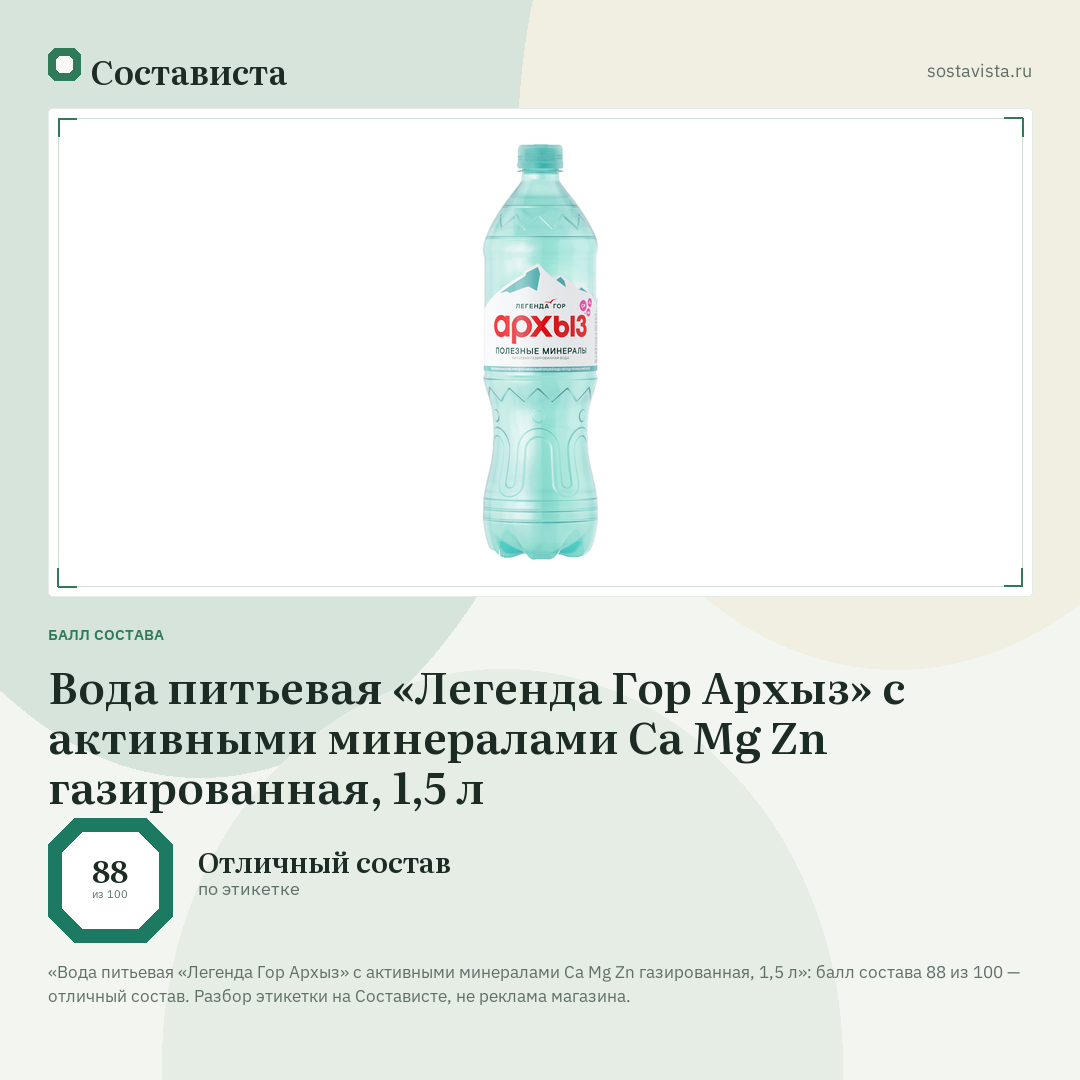 Вода питьевая «Легенда Гор Архыз» с активными минералами Ca Mg Zn газированная, 1,5 л: балл состава 88 из 100 — Состависта