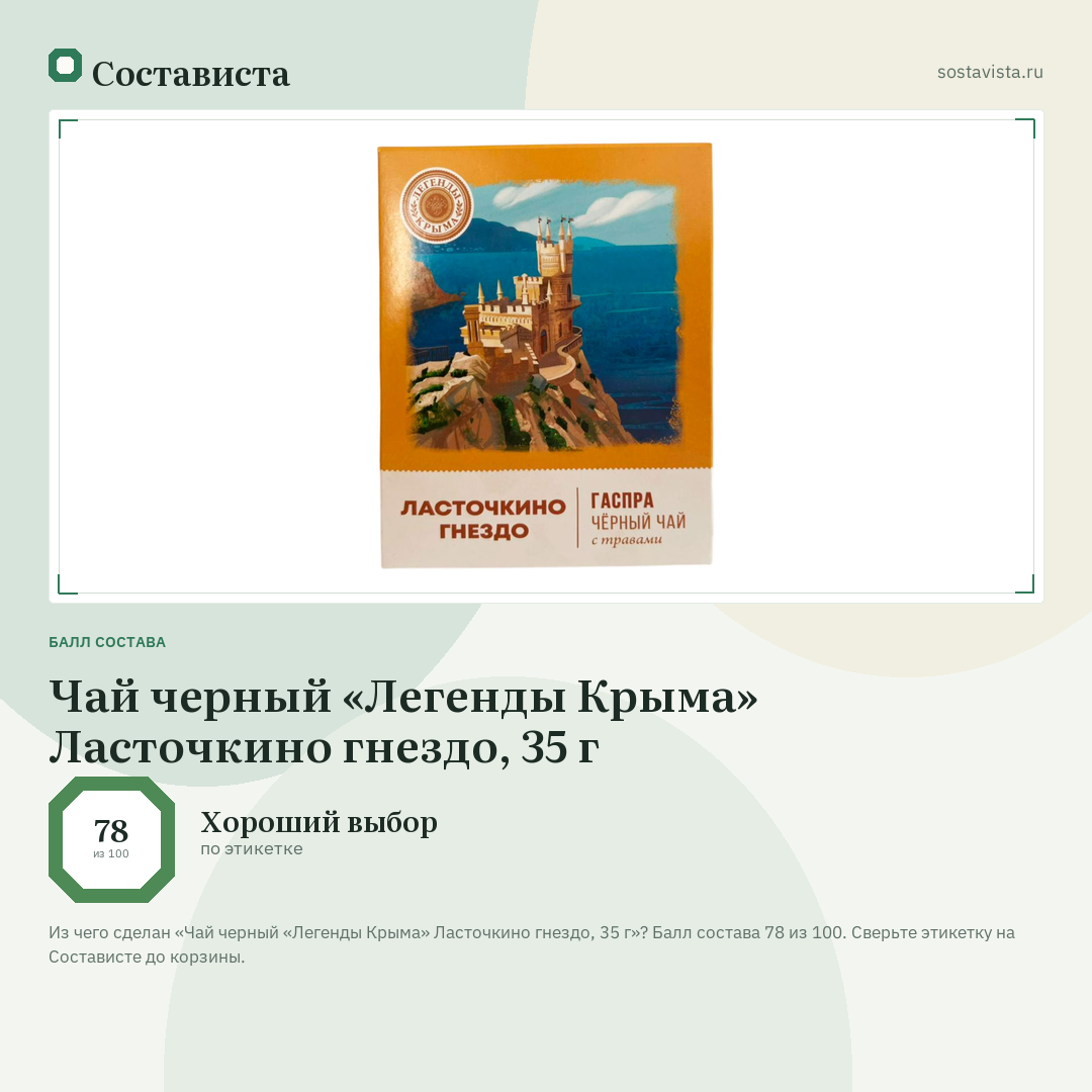 Чай черный «Легенды Крыма» Ласточкино гнездо, 35 г: балл состава 78 из 100 — Состависта
