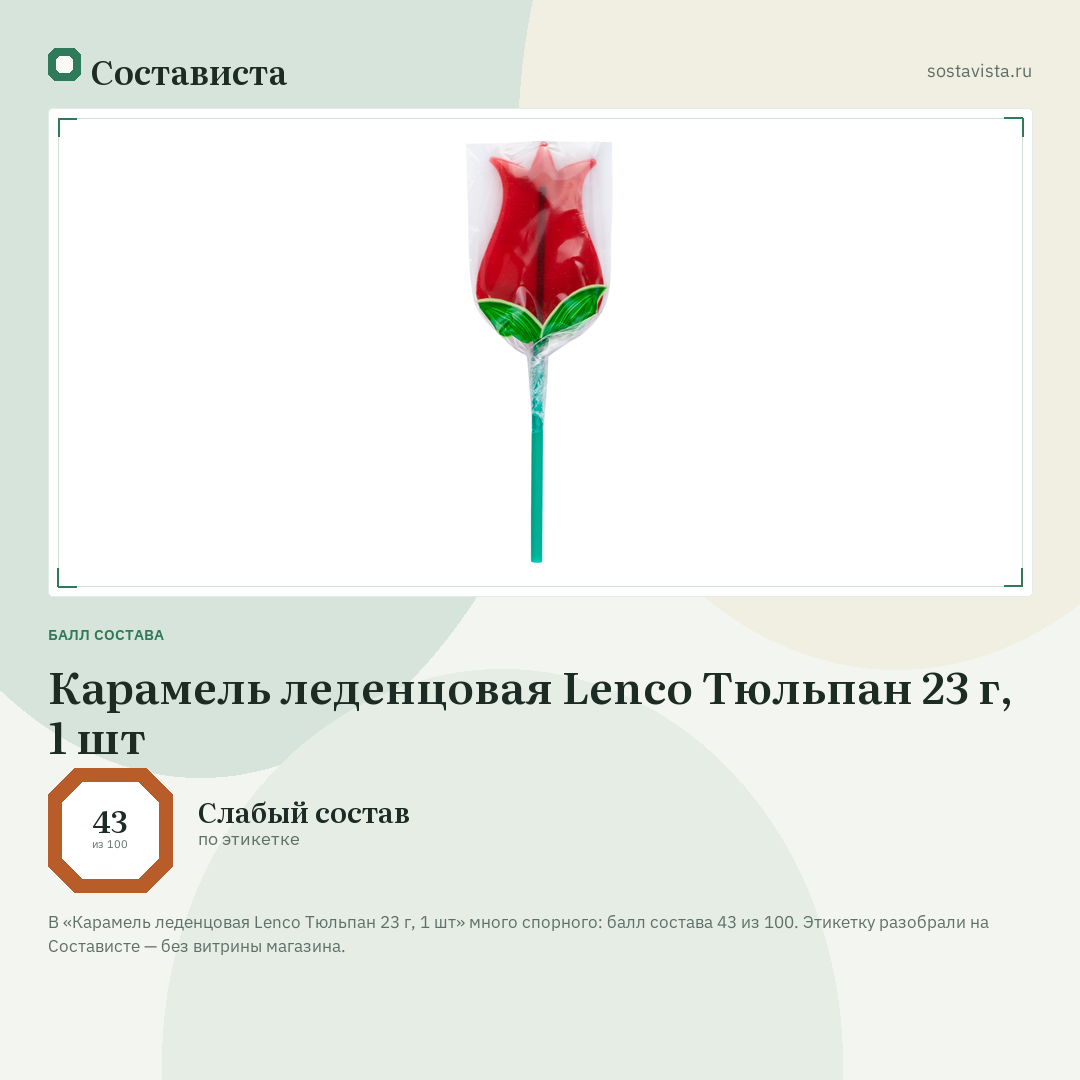 Карамель леденцовая Lenco Тюльпан 23 г, 1 шт: балл состава 43 из 100 — Состависта