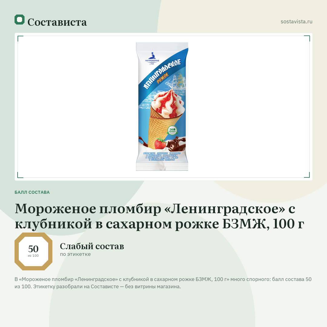 Мороженое пломбир «Ленинградское» с клубникой в сахарном рожке БЗМЖ, 100 г: балл состава 50 из 100 — Состависта