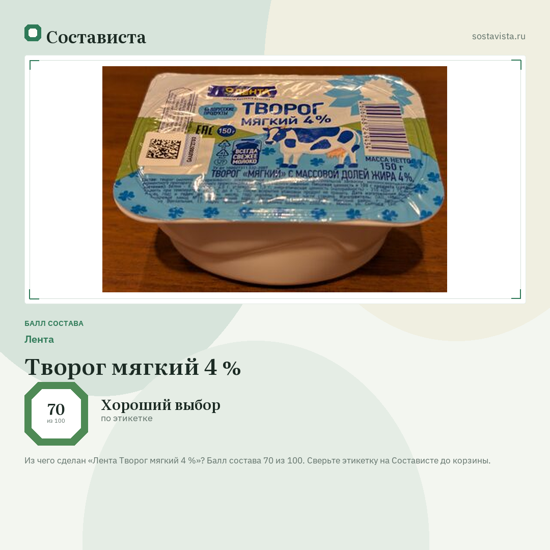 Лента Творог мягкий 4 %: балл состава 70 из 100 — Состависта