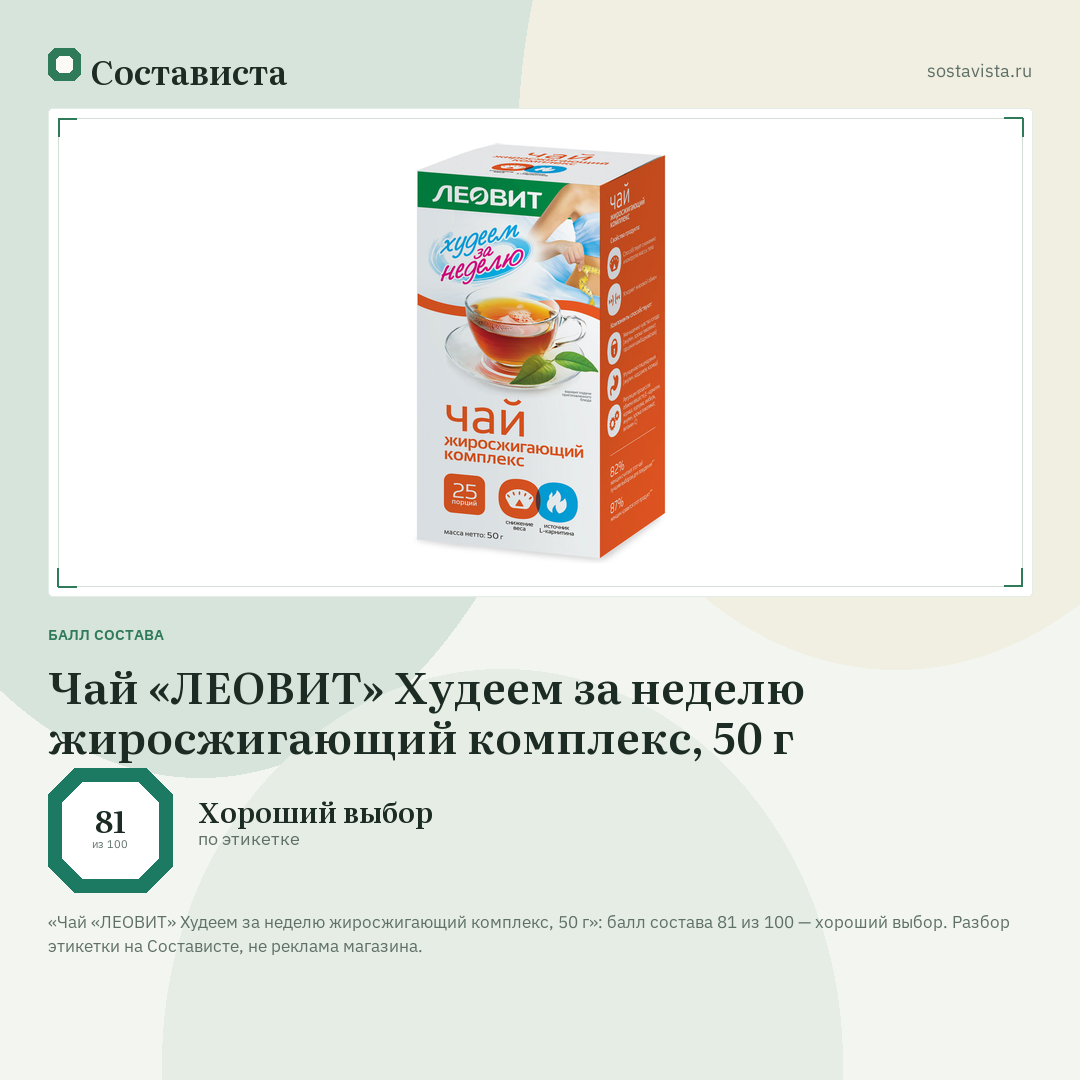 Чай «ЛЕОВИТ» Худеем за неделю жиросжигающий комплекс, 50 г: балл состава 81 из 100 — Состависта