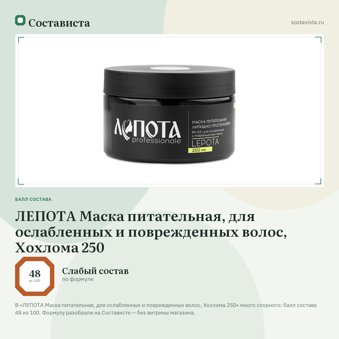 ЛЕПОТА Маска питательная, для ослабленных и поврежденных волос, Хохлома 250: балл состава 48 из 100 — Состависта