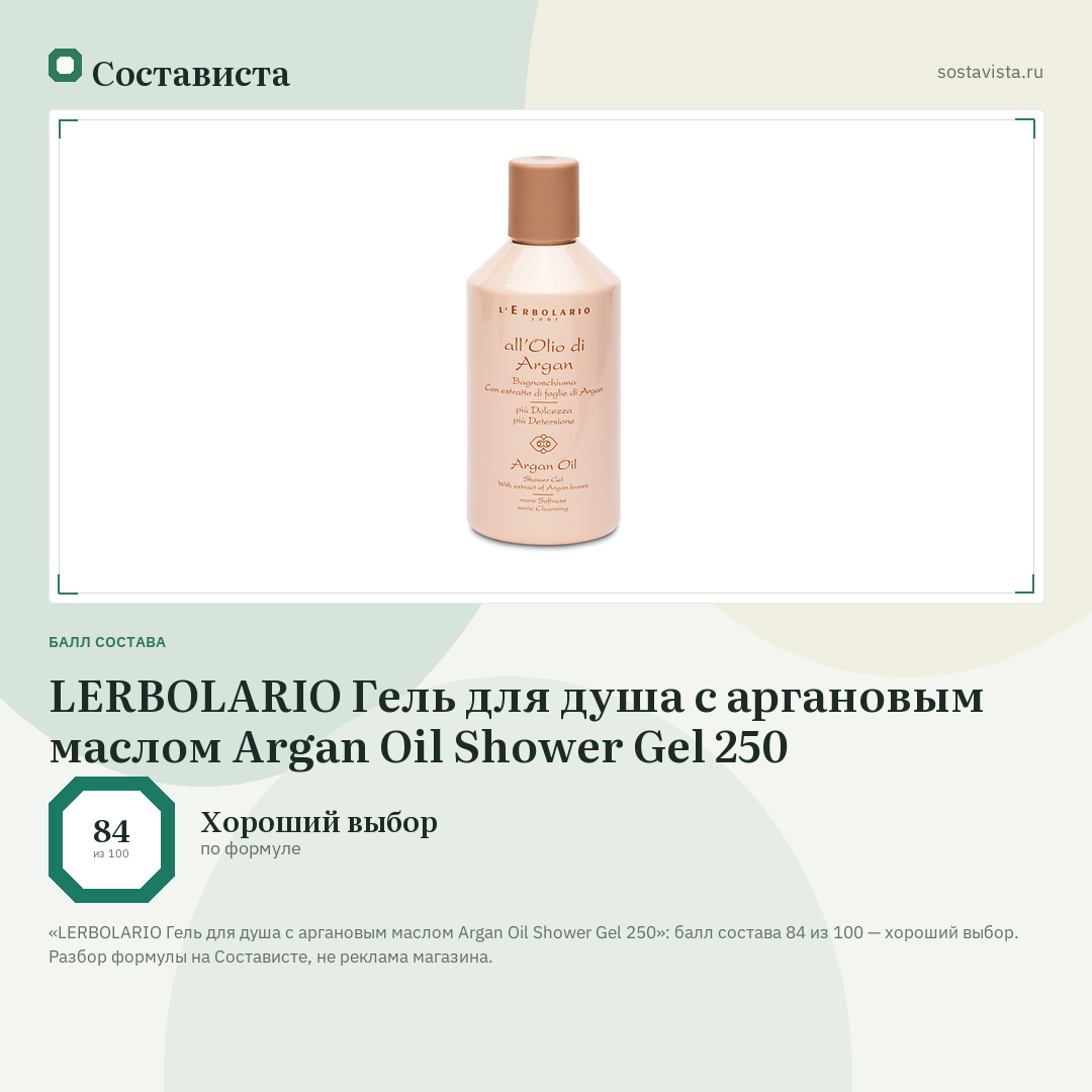LERBOLARIO Гель для душа с аргановым маслом Argan Oil Shower Gel 250: балл состава 84 из 100 — Состависта