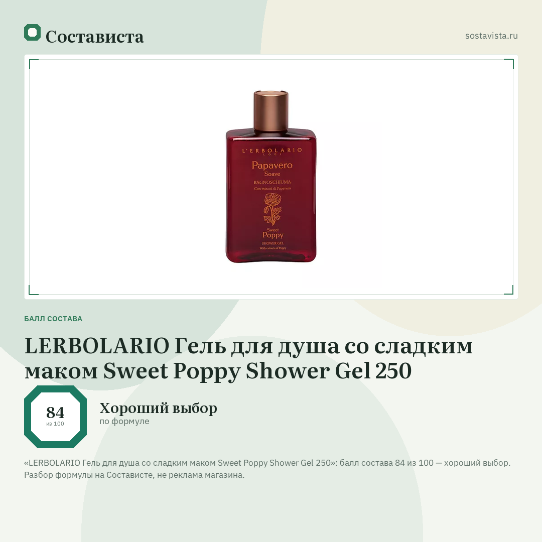 LERBOLARIO Гель для душа со сладким маком Sweet Poppy Shower Gel 250: балл состава 84 из 100 — Состависта