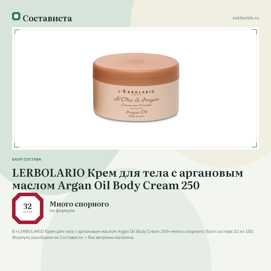 LERBOLARIO Крем для тела с аргановым маслом Argan Oil Body Cream 250: балл состава 32 из 100 — Состависта