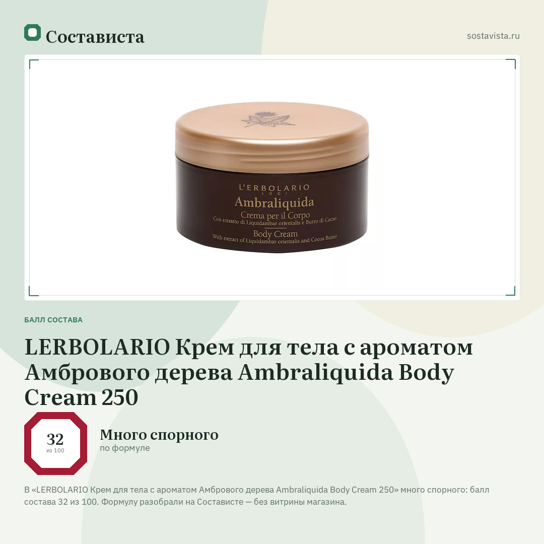 LERBOLARIO Крем для тела с ароматом Амбрового дерева Ambraliquida Body Cream 250: балл состава 32 из 100 — Состависта