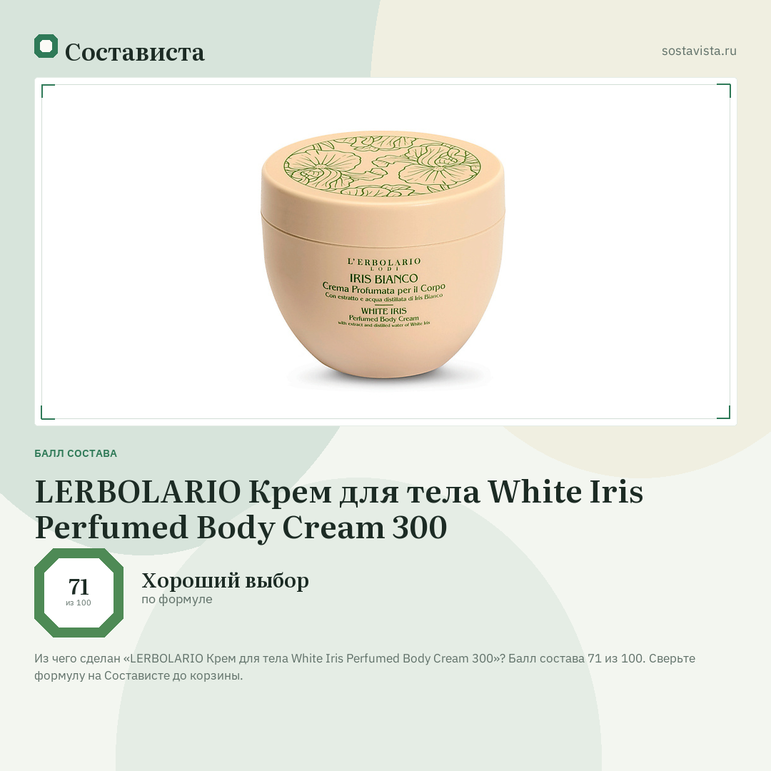 LERBOLARIO Крем для тела White Iris Perfumed Body Cream 300: балл состава 71 из 100 — Состависта