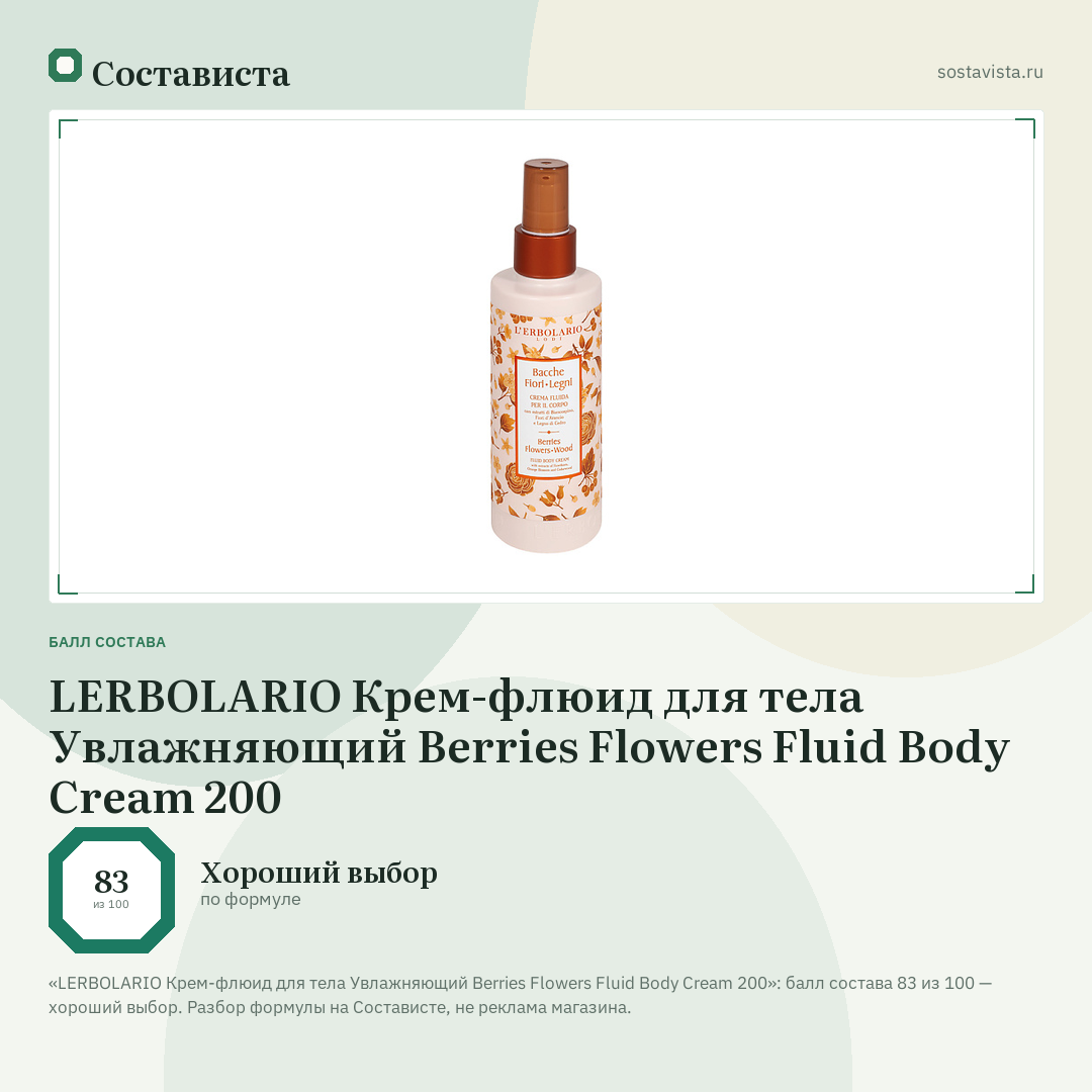 LERBOLARIO Крем-флюид для тела Увлажняющий Berries Flowers Fluid Body Cream 200: балл состава 83 из 100 — Состависта