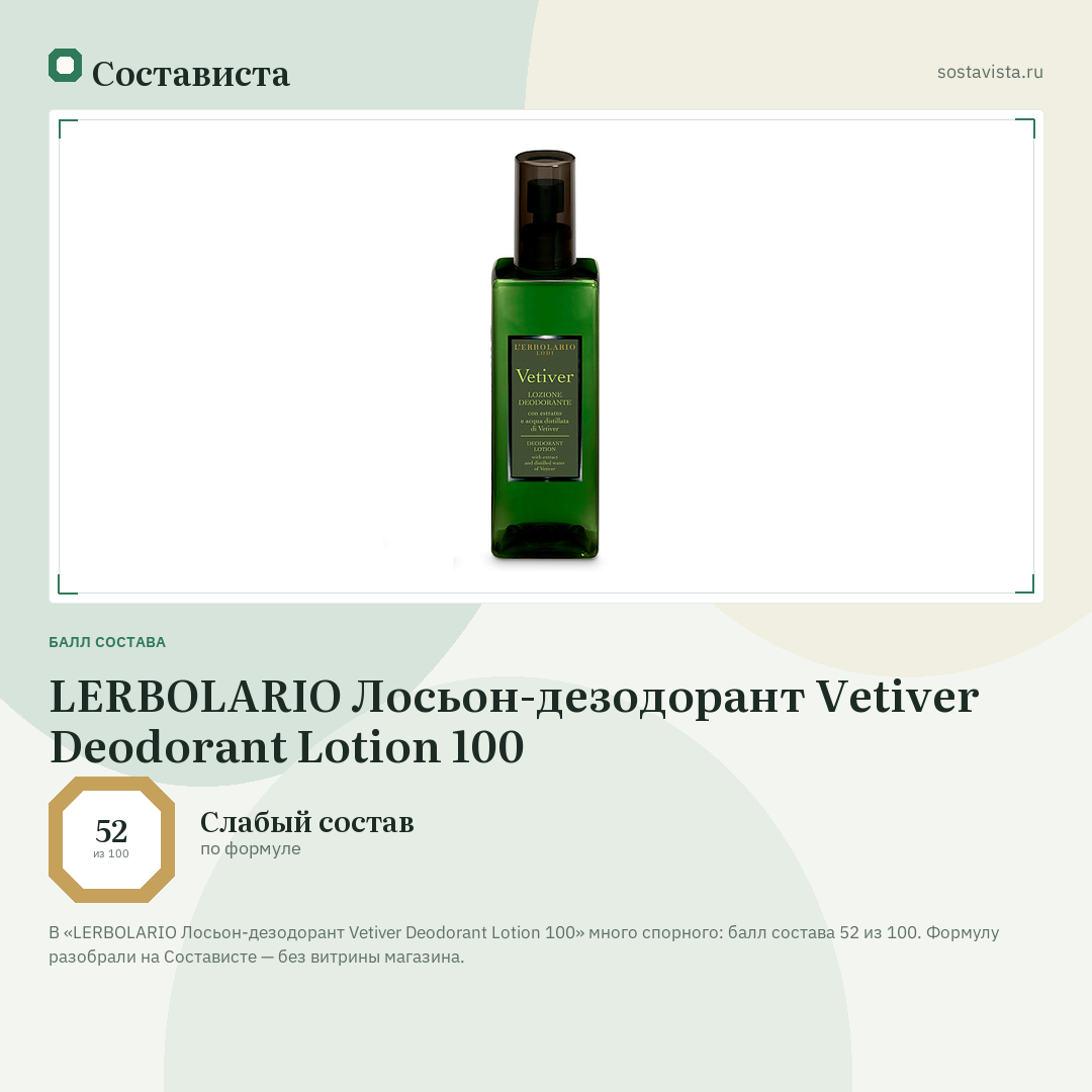 LERBOLARIO Лосьон-дезодорант Vetiver Deodorant Lotion 100: балл состава 52 из 100 — Состависта