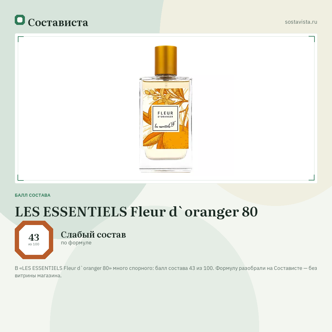 LES ESSENTIELS Fleur d`oranger 80: балл состава 43 из 100 — Состависта