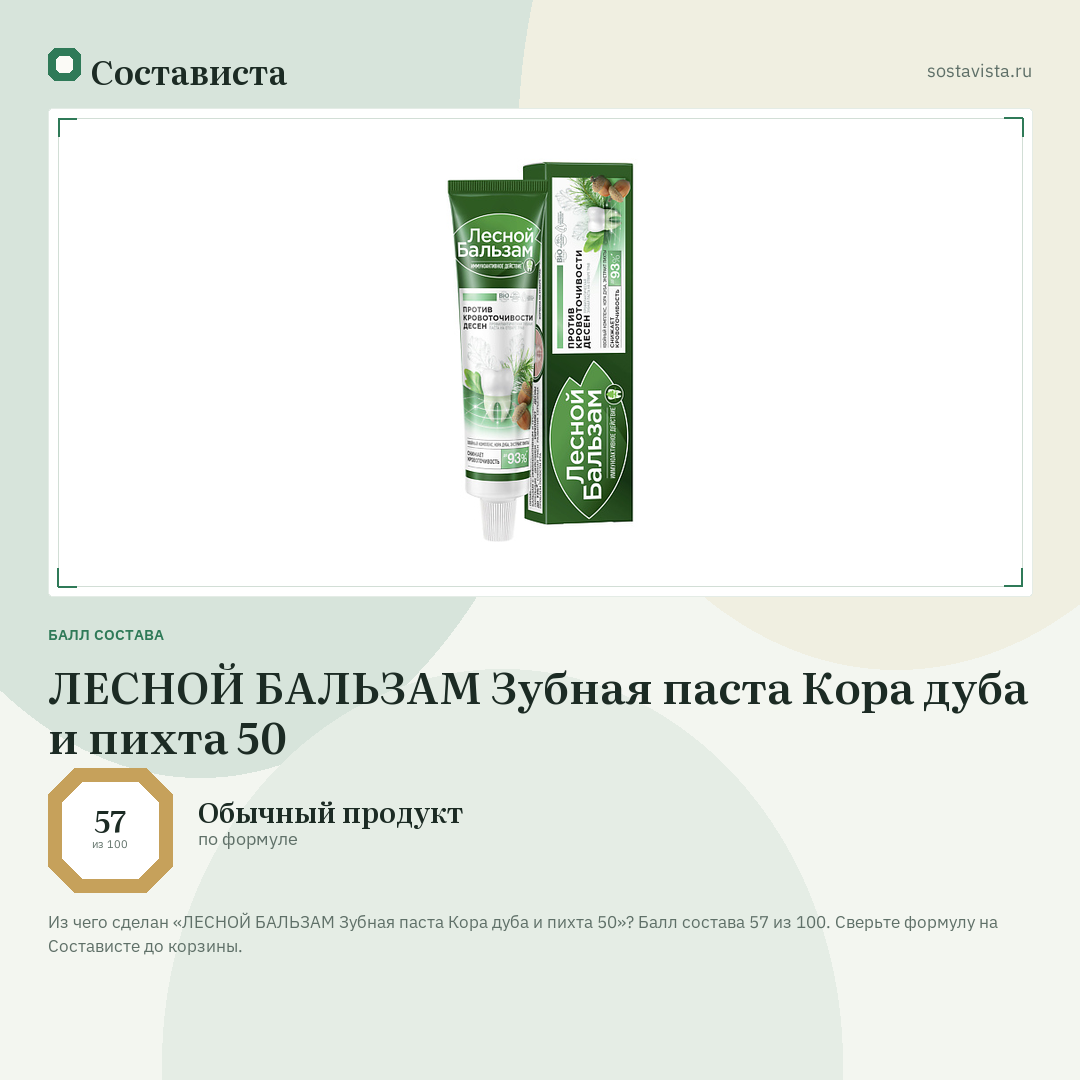 ЛЕСНОЙ БАЛЬЗАМ Зубная паста Кора дуба и пихта 50: балл состава 57 из 100 — Состависта