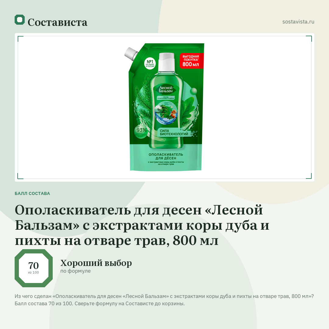 Ополаскиватель для десен «Лесной Бальзам» с экстрактами коры дуба и пихты на отваре трав, 800 мл: балл состава 70 из 100 — Состависта