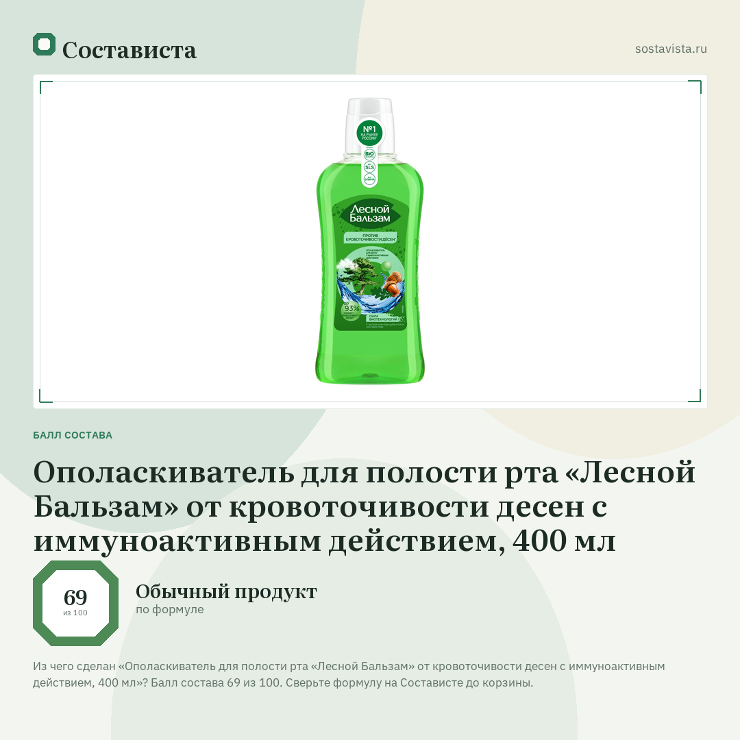 Ополаскиватель для полости рта «Лесной Бальзам» от кровоточивости десен с иммуноактивным действием, 400 мл: балл состава 69 из 100 — Состависта