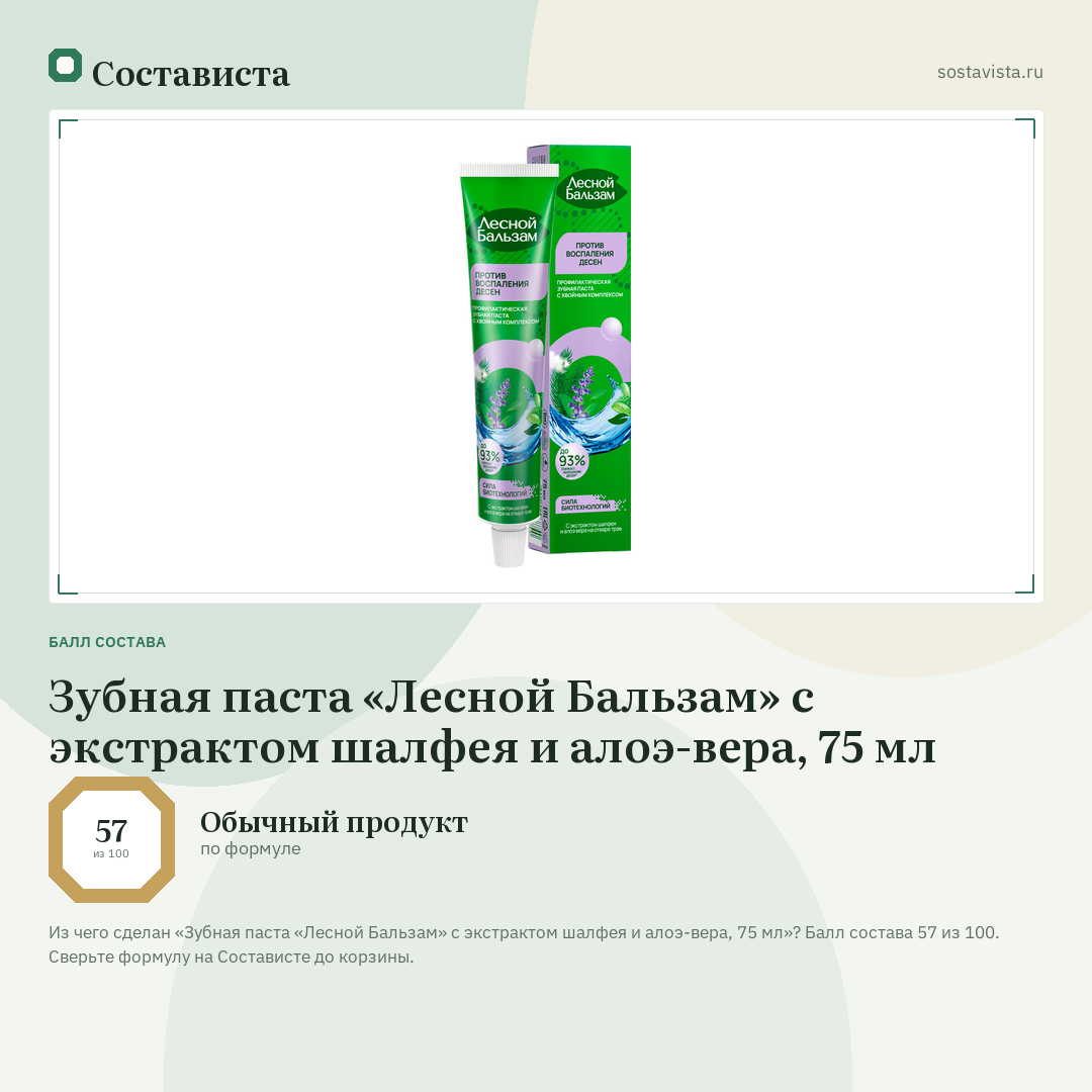 Зубная паста «Лесной Бальзам» с экстрактом шалфея и алоэ-вера, 75 мл: балл состава 57 из 100 — Состависта