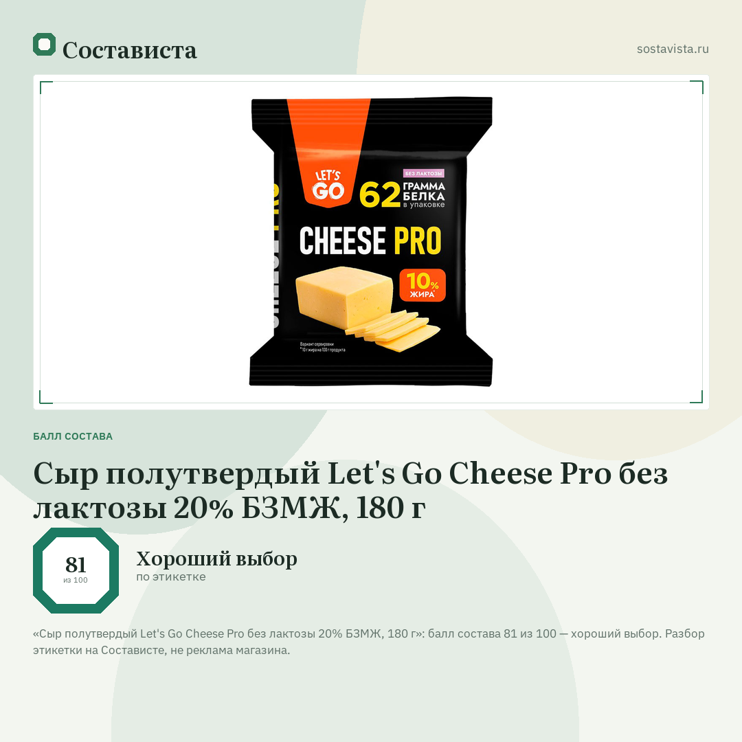 Сыр полутвердый Let's Go Cheese Pro без лактозы 20% БЗМЖ, 180 г: балл состава 81 из 100 — Состависта
