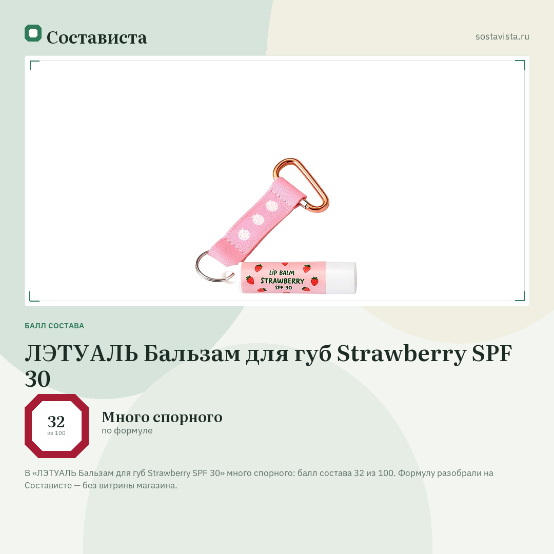 ЛЭТУАЛЬ Бальзам для губ Strawberry SPF 30: балл состава 32 из 100 — Состависта