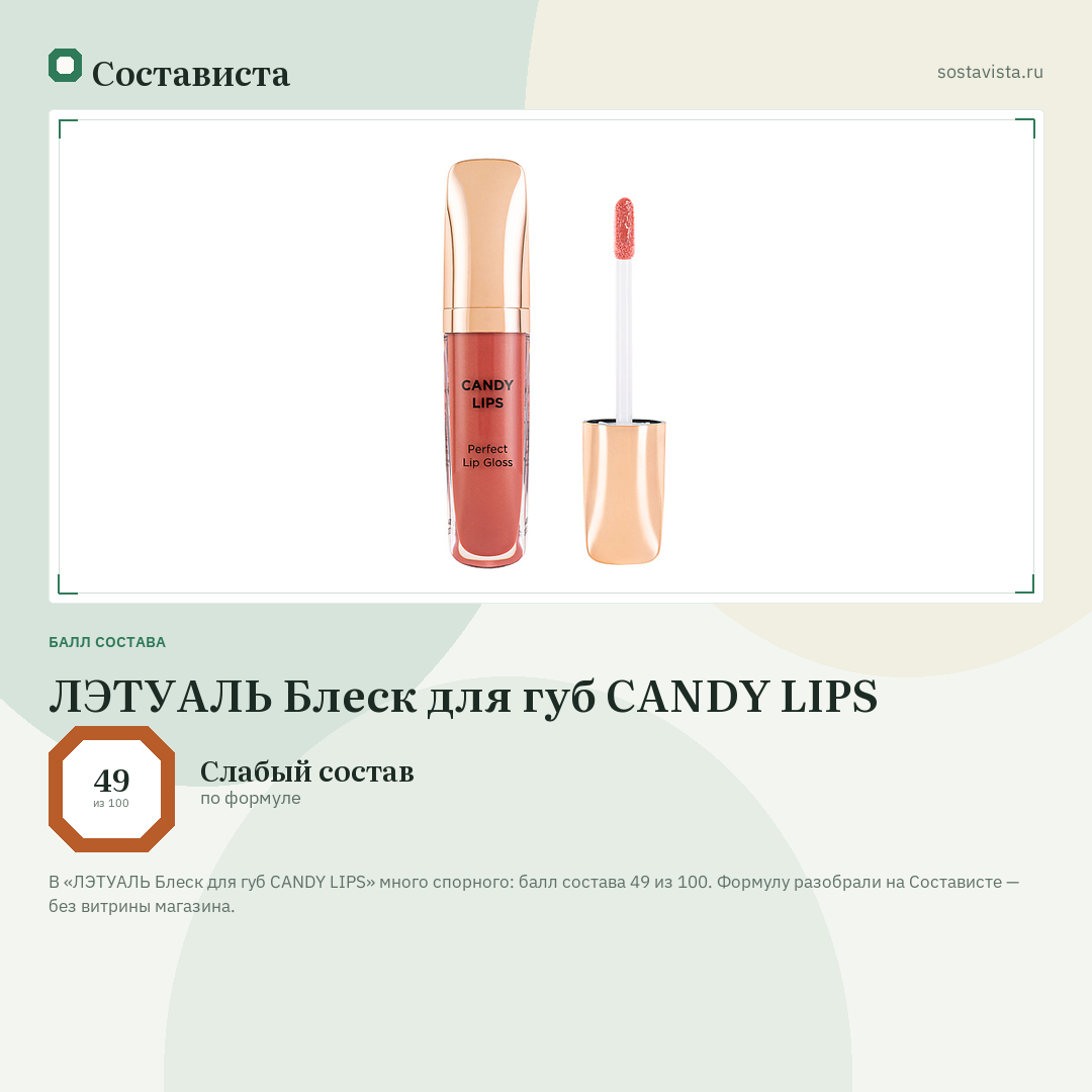 ЛЭТУАЛЬ Блеск для губ CANDY LIPS: балл состава 49 из 100 — Состависта