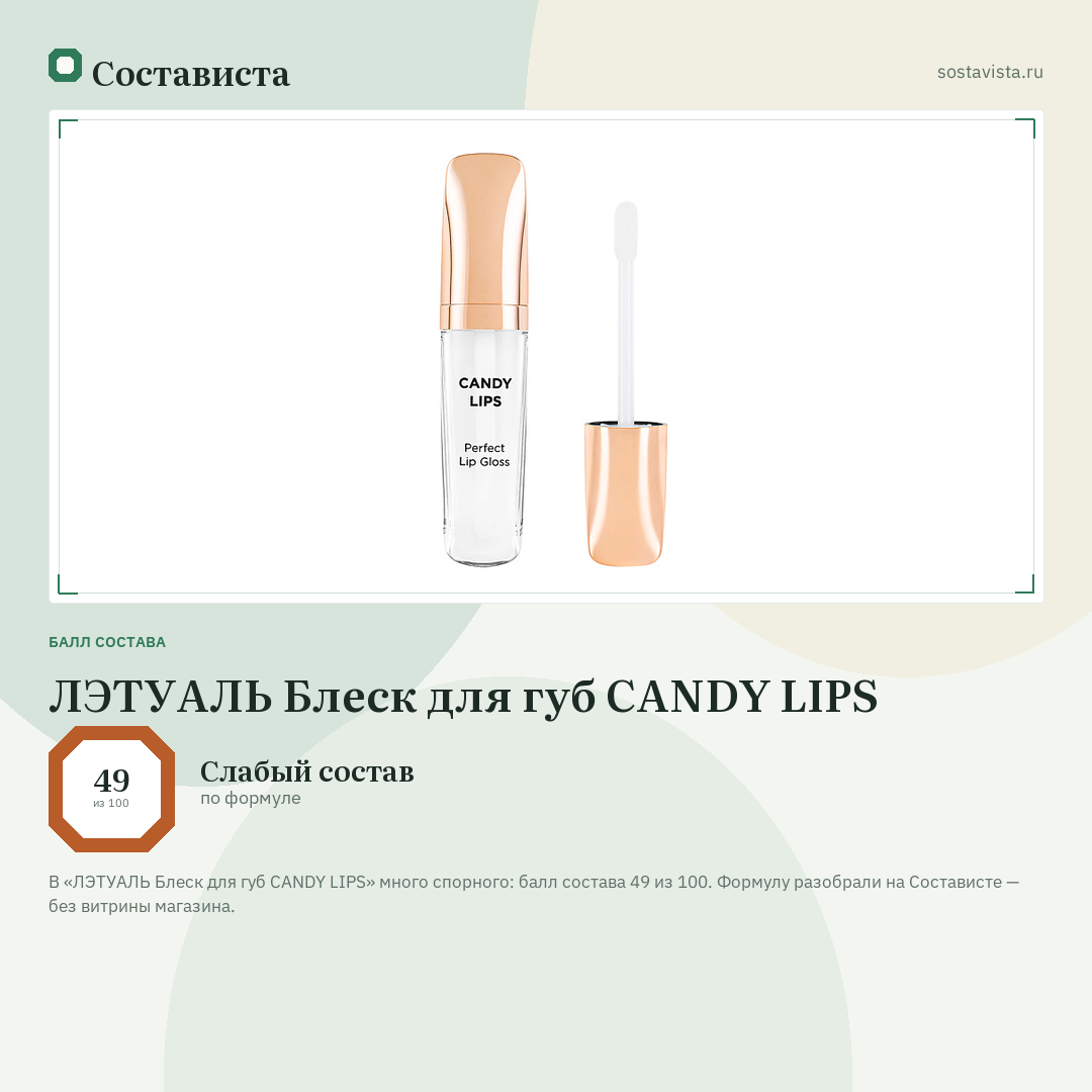ЛЭТУАЛЬ Блеск для губ CANDY LIPS: балл состава 49 из 100 — Состависта