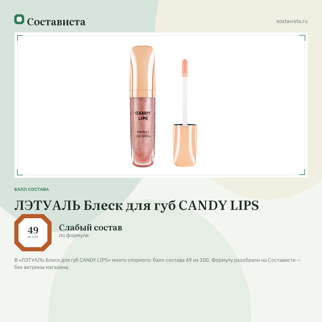 ЛЭТУАЛЬ Блеск для губ CANDY LIPS: балл состава 49 из 100 — Состависта
