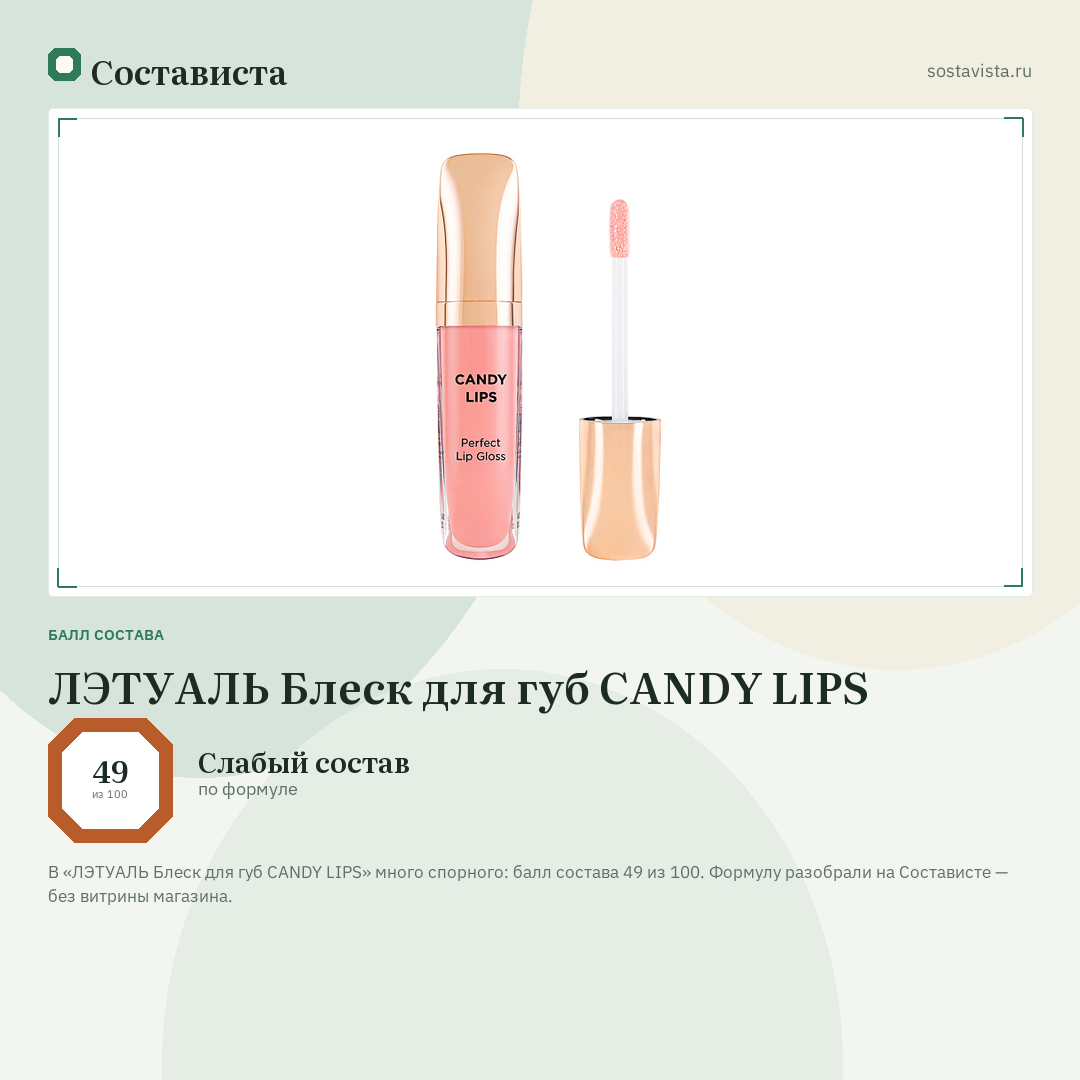 ЛЭТУАЛЬ Блеск для губ CANDY LIPS: балл состава 49 из 100 — Состависта