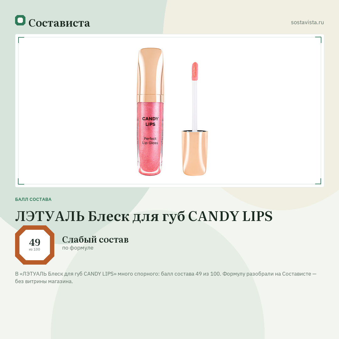 ЛЭТУАЛЬ Блеск для губ CANDY LIPS: балл состава 49 из 100 — Состависта