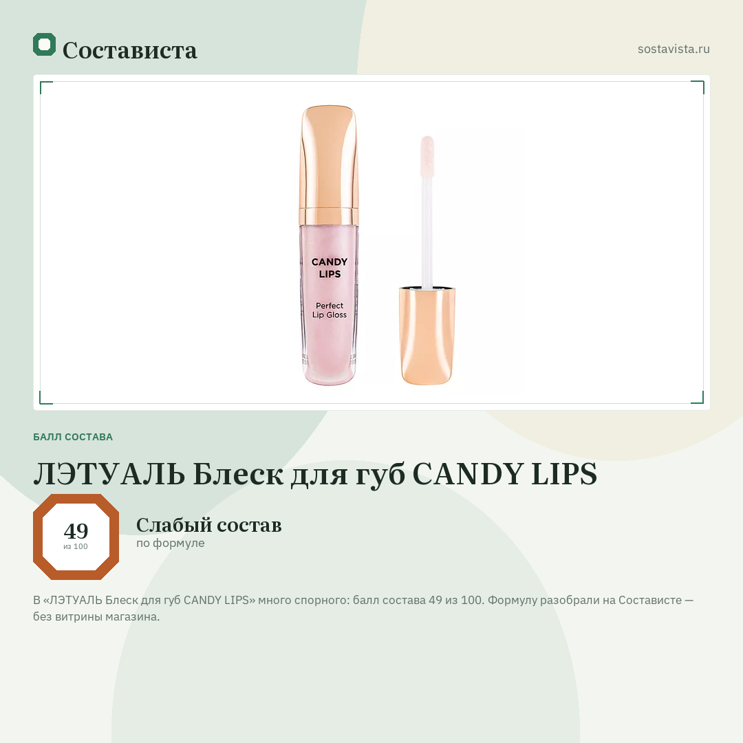 ЛЭТУАЛЬ Блеск для губ CANDY LIPS: балл состава 49 из 100 — Состависта