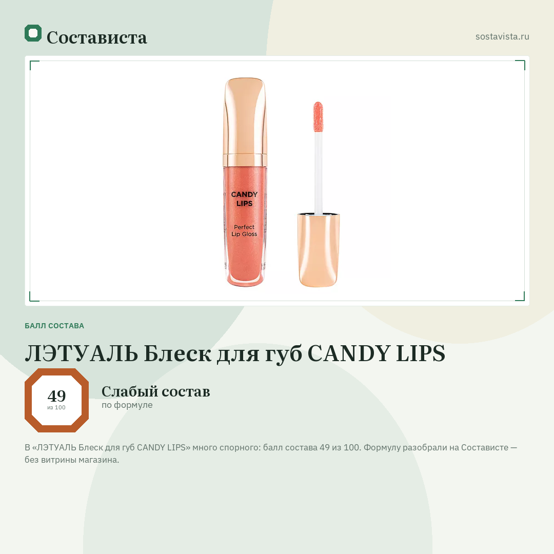 ЛЭТУАЛЬ Блеск для губ CANDY LIPS: балл состава 49 из 100 — Состависта