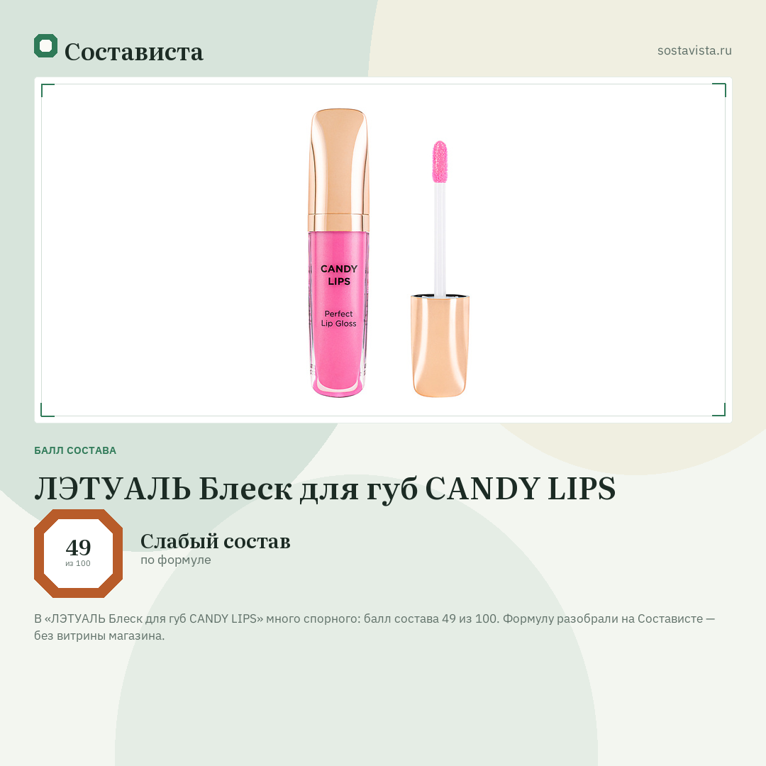 ЛЭТУАЛЬ Блеск для губ CANDY LIPS: балл состава 49 из 100 — Состависта