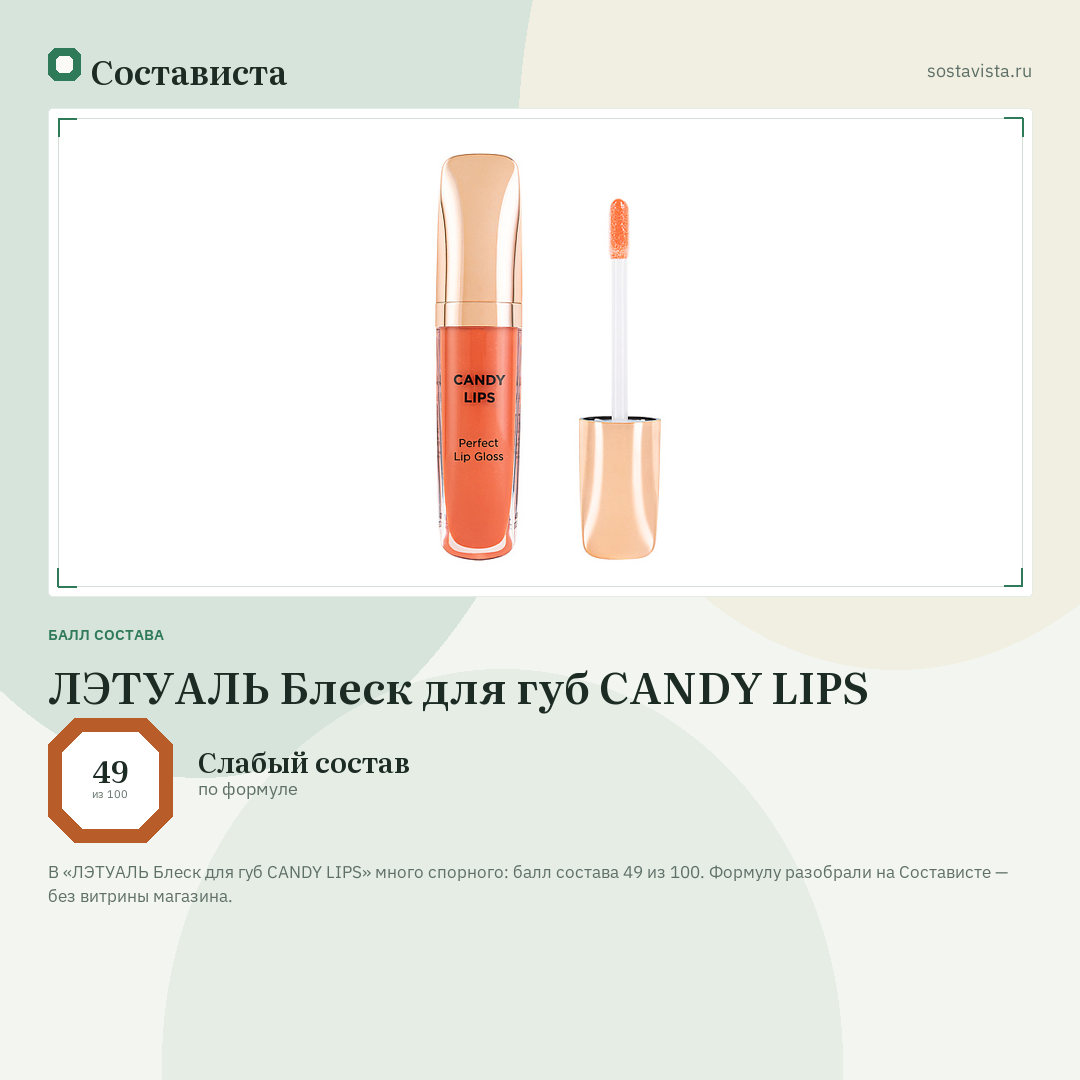 ЛЭТУАЛЬ Блеск для губ CANDY LIPS: балл состава 49 из 100 — Состависта