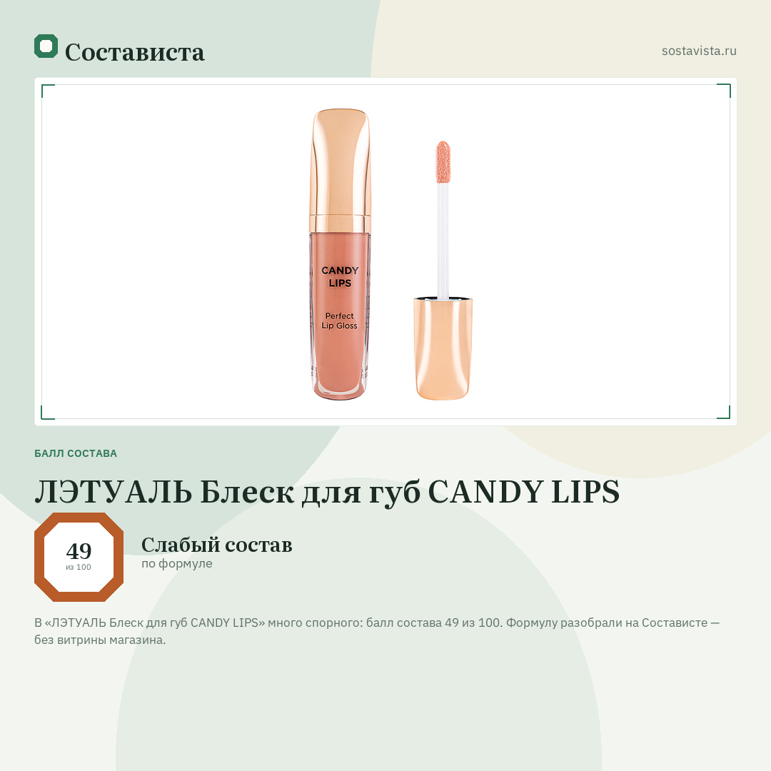 ЛЭТУАЛЬ Блеск для губ CANDY LIPS: балл состава 49 из 100 — Состависта