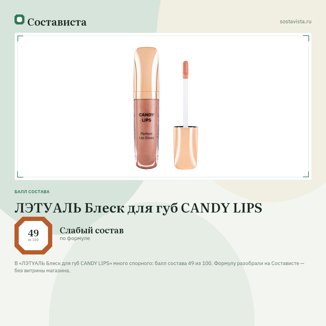 ЛЭТУАЛЬ Блеск для губ CANDY LIPS: балл состава 49 из 100 — Состависта