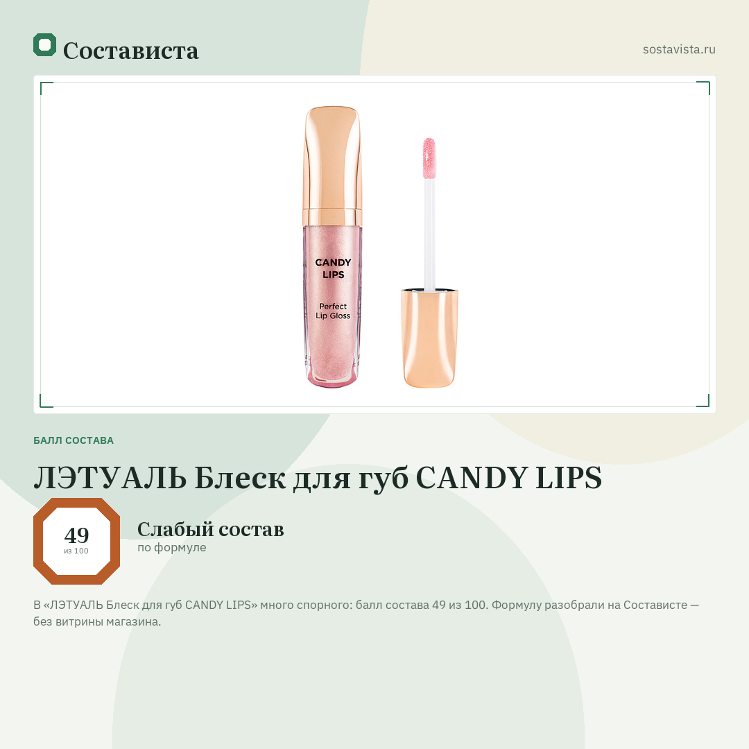 ЛЭТУАЛЬ Блеск для губ CANDY LIPS: балл состава 49 из 100 — Состависта
