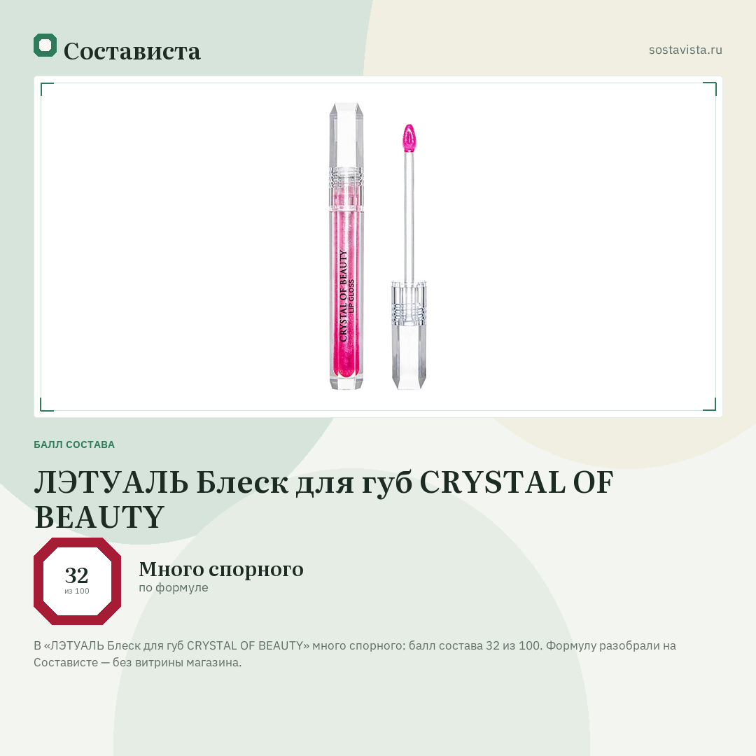 ЛЭТУАЛЬ Блеск для губ CRYSTAL OF BEAUTY: балл состава 32 из 100 — Состависта