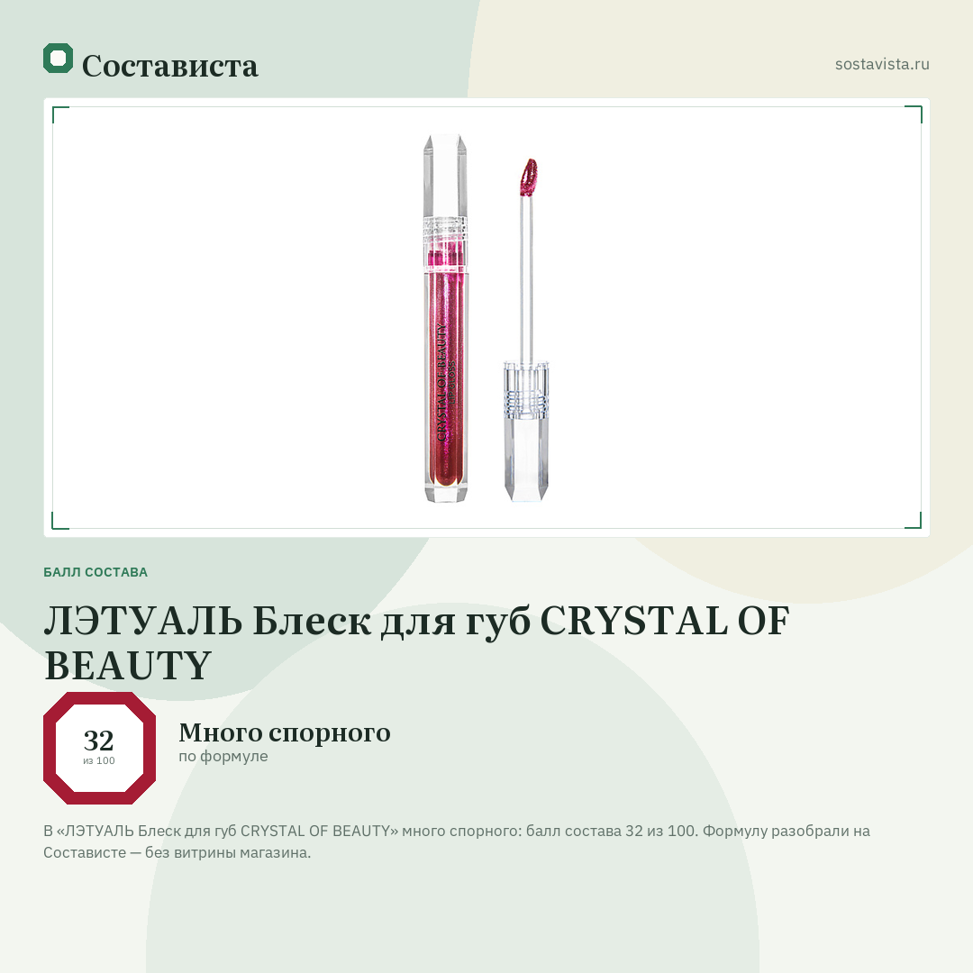 ЛЭТУАЛЬ Блеск для губ CRYSTAL OF BEAUTY: балл состава 32 из 100 — Состависта