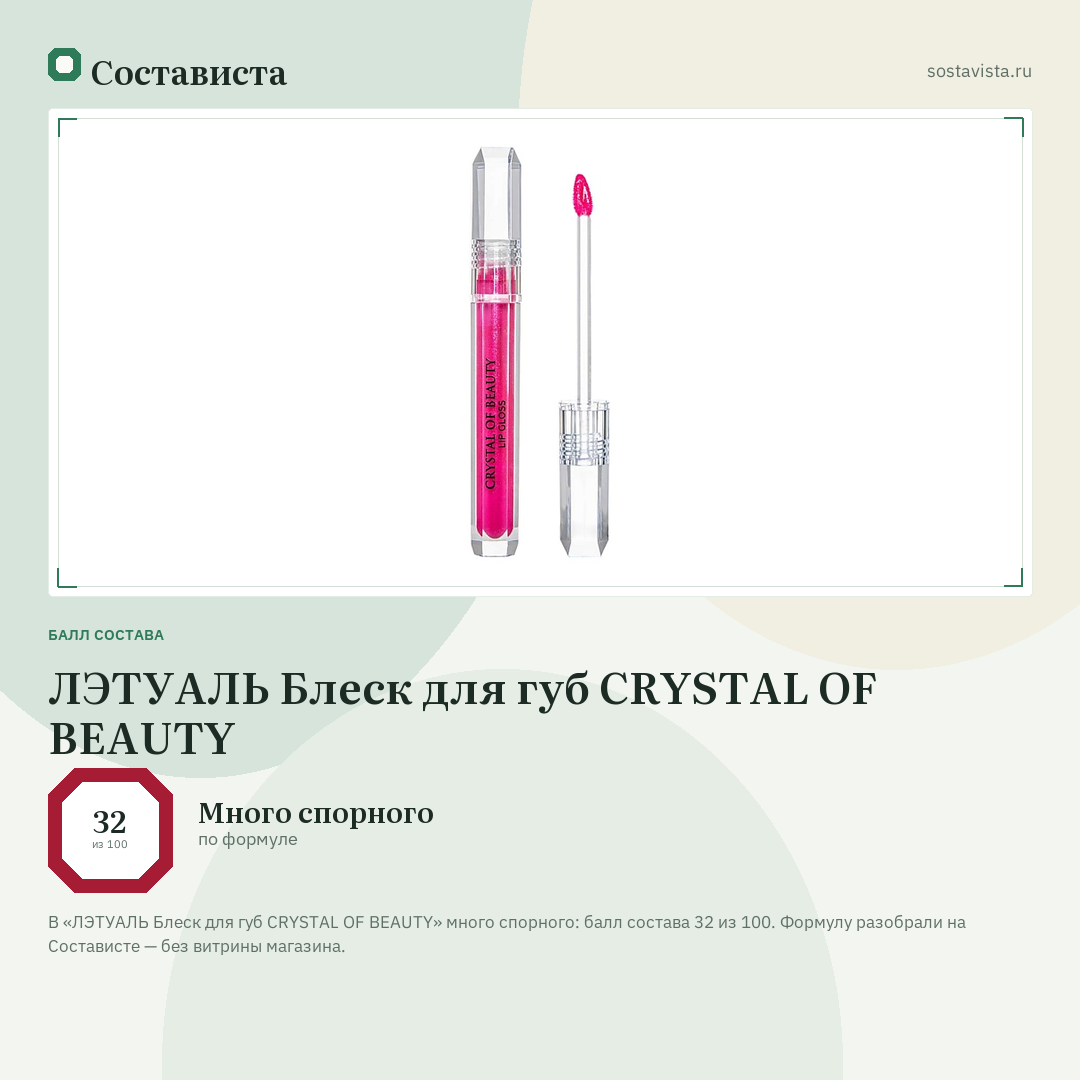 ЛЭТУАЛЬ Блеск для губ CRYSTAL OF BEAUTY: балл состава 32 из 100 — Состависта