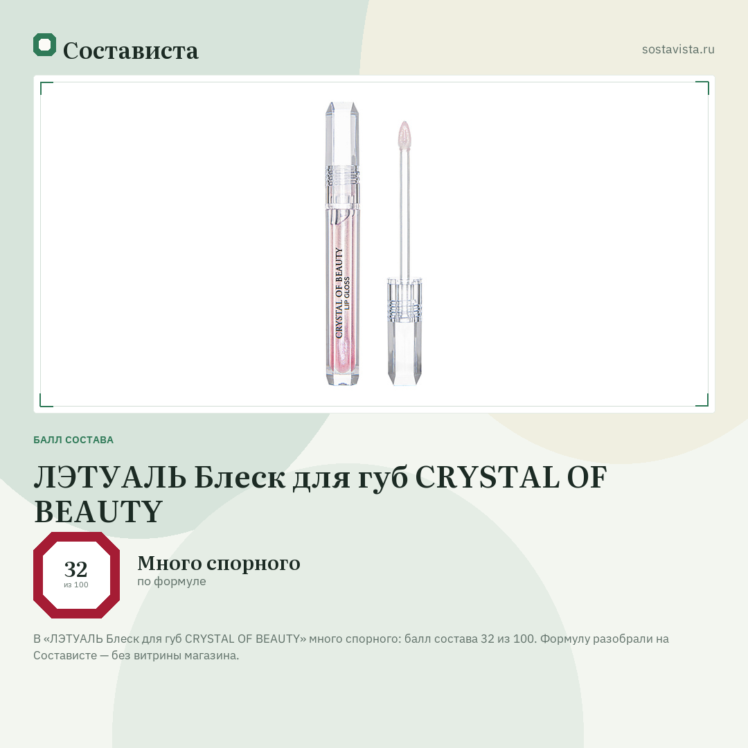 ЛЭТУАЛЬ Блеск для губ CRYSTAL OF BEAUTY: балл состава 32 из 100 — Состависта