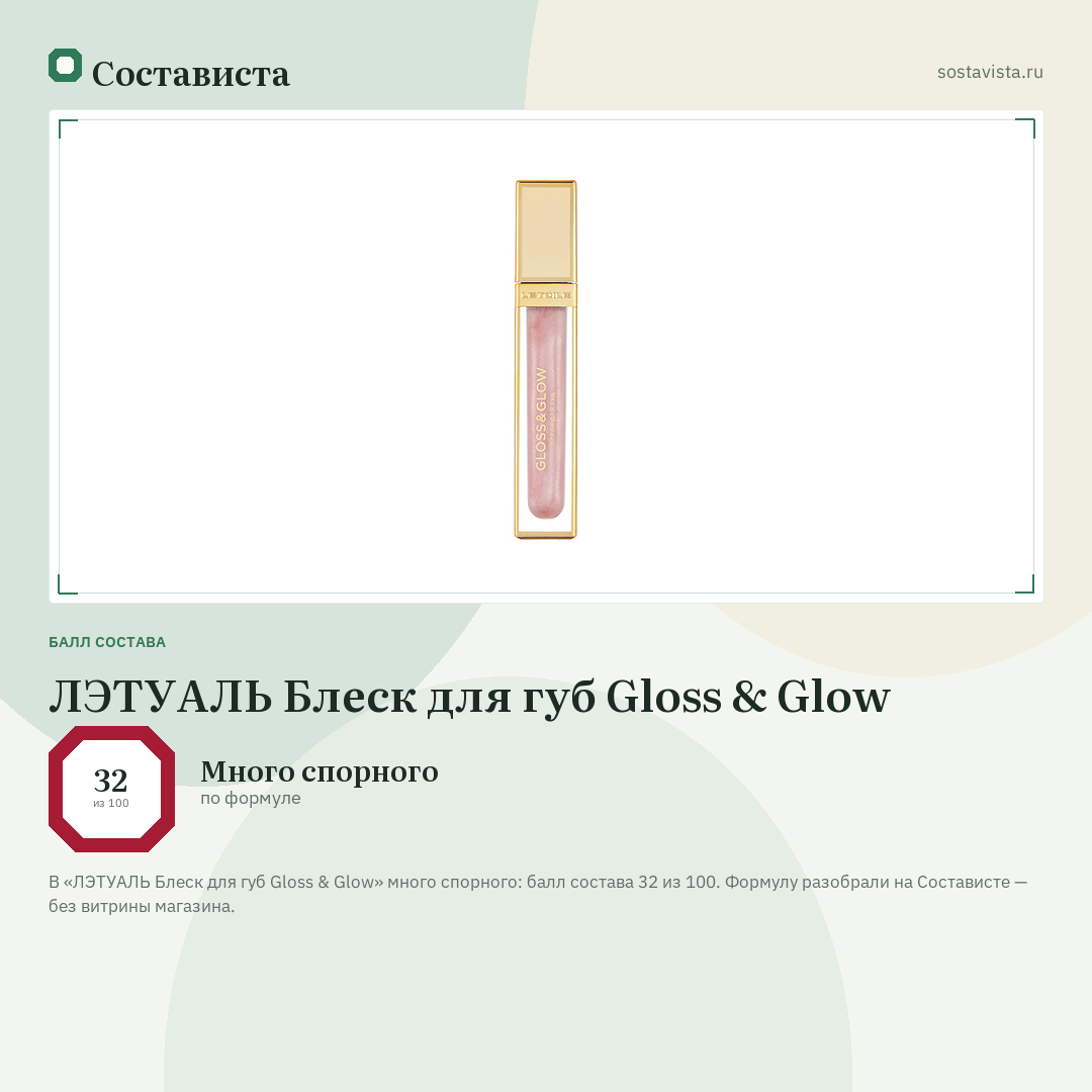 ЛЭТУАЛЬ Блеск для губ Gloss & Glow: балл состава 32 из 100 — Состависта