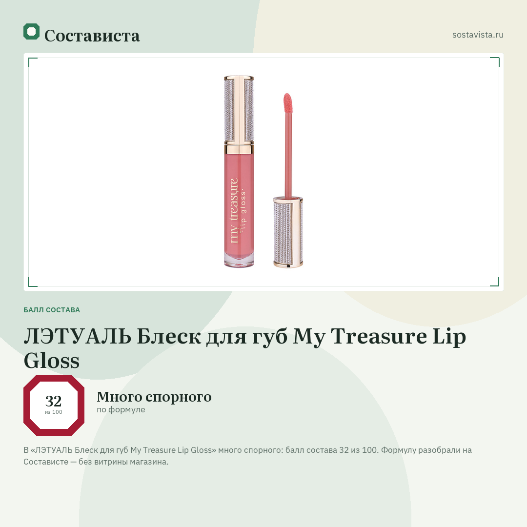 ЛЭТУАЛЬ Блеск для губ My Treasure Lip Gloss: балл состава 32 из 100 — Состависта