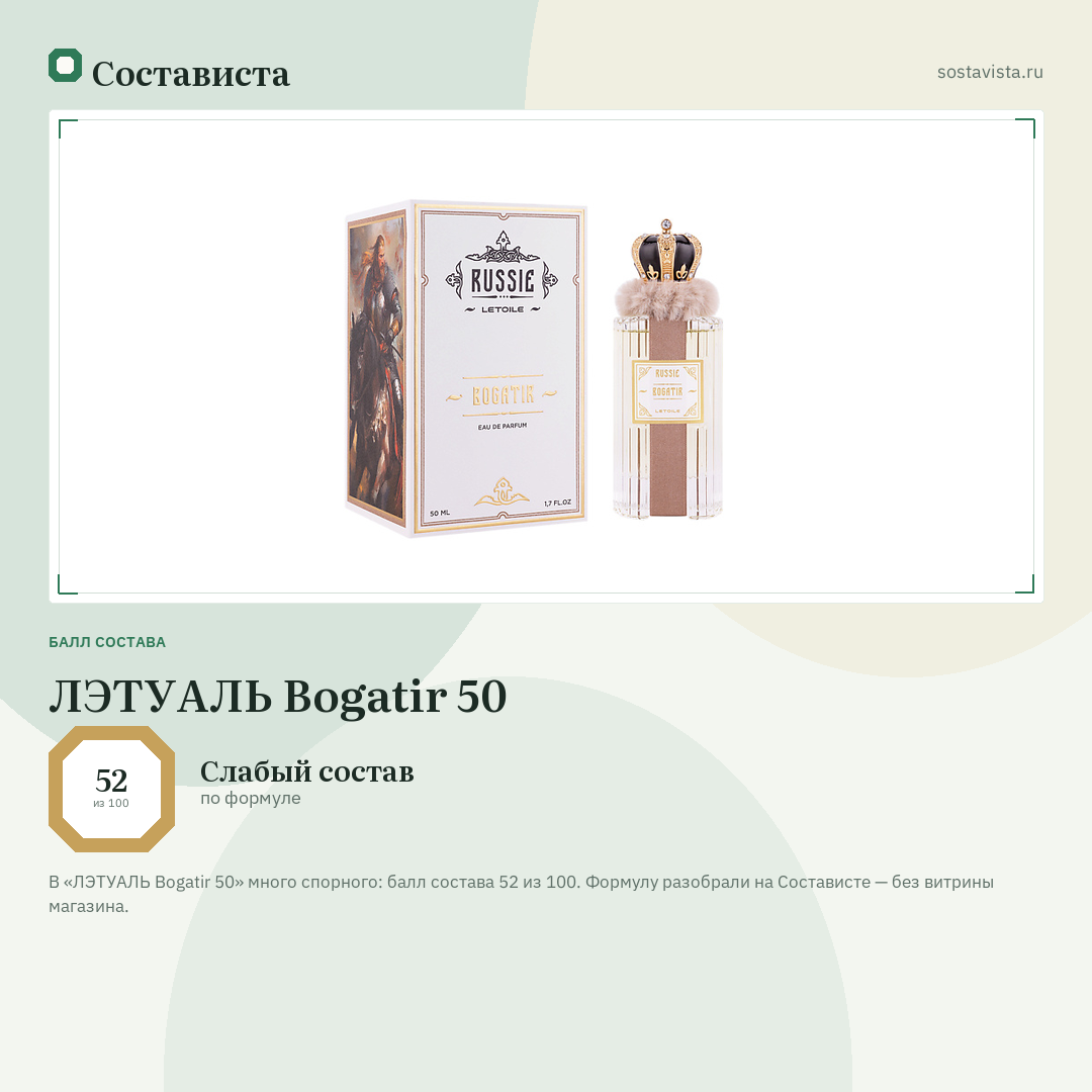 ЛЭТУАЛЬ Bogatir 50: балл состава 52 из 100 — Состависта